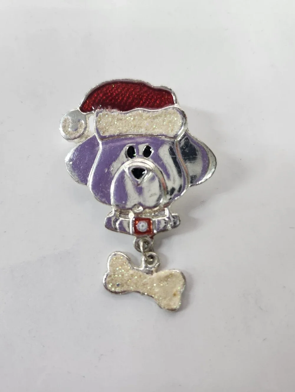 enamel over metal puppy dog with a bone brooch pin